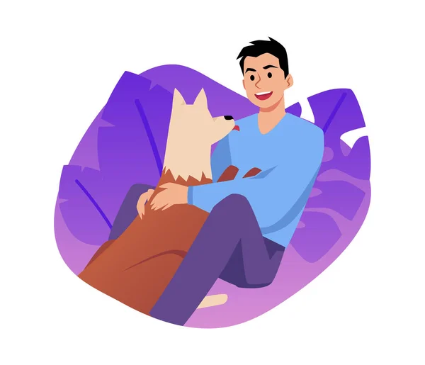 幸せな男は白い背景に隔離された彼の感情的なサポート犬 フラットベクトルイラストを抱いている かわいい犬を抱きしめる人 ペットの所有概念 — ストックベクタ