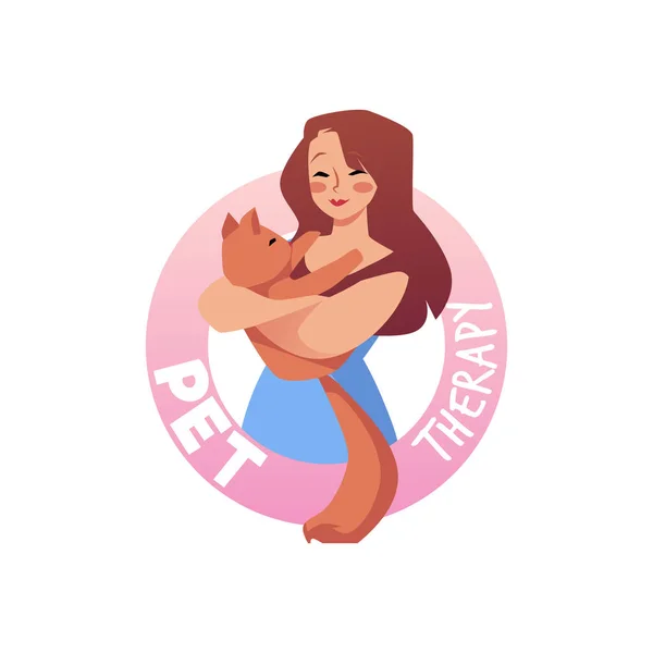 Smiling Young Woman Hugging Fluffy Cat Flat Style Vector Illustration — Vector de stock