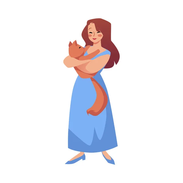 Happy Woman Blue Dress Hugging Cat Flat Style Vector Illustration — Stok Vektör