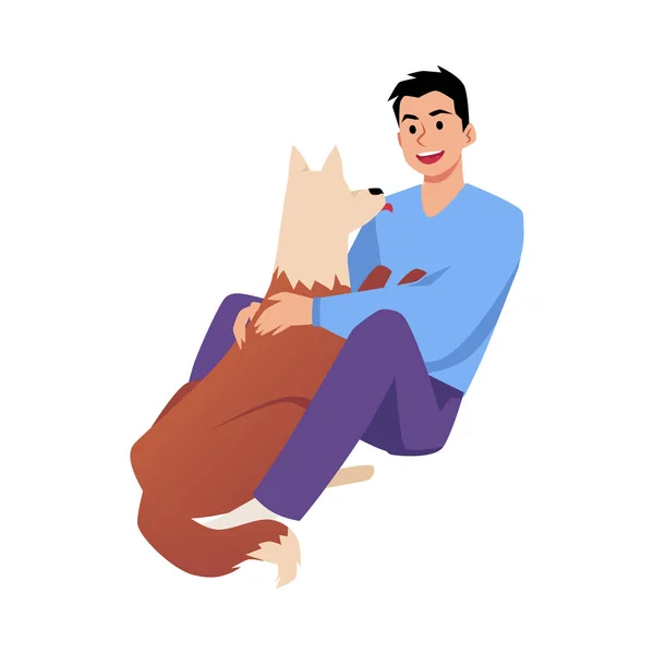 Happy Boy Hugging Big Dog Flat Style Vector Illustration Isolated — 图库矢量图片