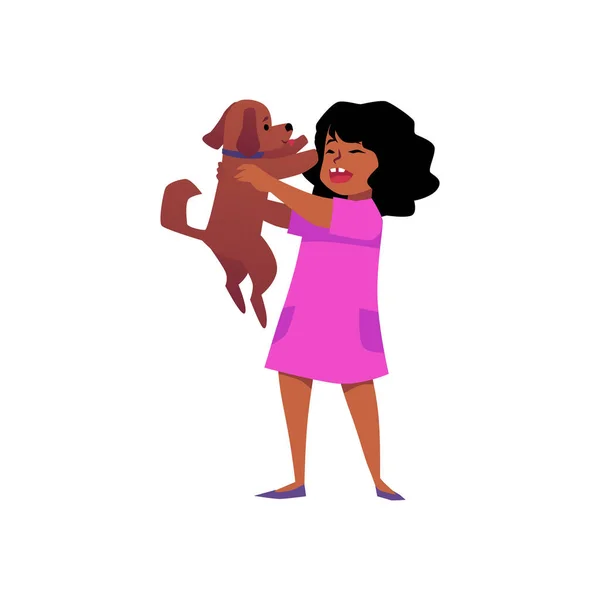 Happy Child Girl Holding Puppy Flat Vector Illustration Isolated White — Stok Vektör