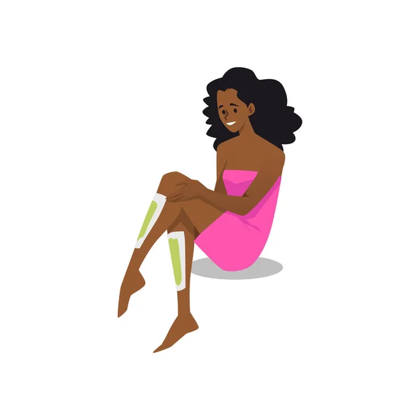 Smiling Woman Sitting Depilatory Strips Legs Flat Style Vector Illustration — Vector de stock