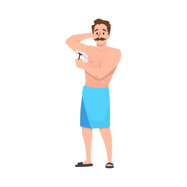 Mustachioed Man Blue Towel Shaves Armpits Flat Style Vector Illustration — Stok Vektör