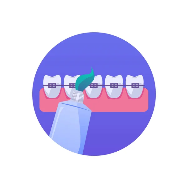Decorative Circle Badge Banner Design Teeth Orthodontic Braces Toothpaste Tube — Stock Vector