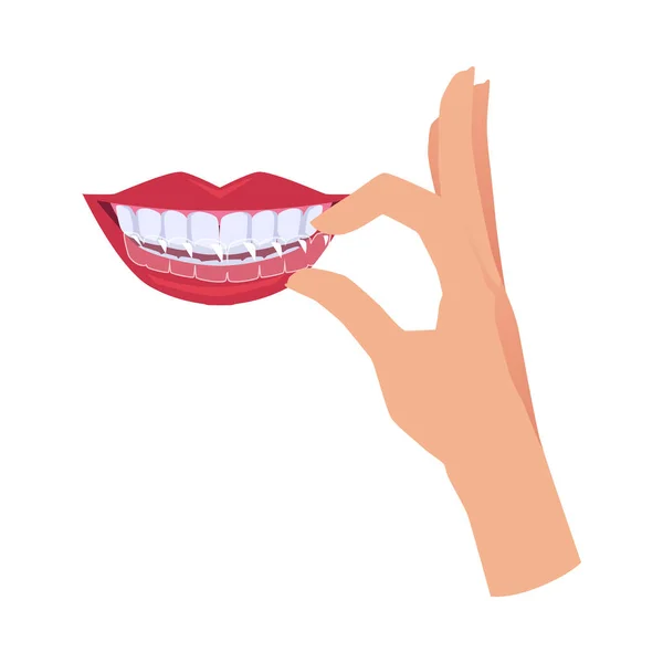 Hand Applying Clear Aligner Teeth Flat Vector Illustration Isolated White — 스톡 벡터