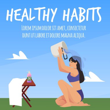 Sağlıklı yaşam tarzı alışkanlıkları afiş ya da poster tasarımı yapan kadın sertleşme, düz vektör çizimi yapıyor. Sağlıklı aktif yaşam tarzı ve bağışıklık artırıcı promosyon.