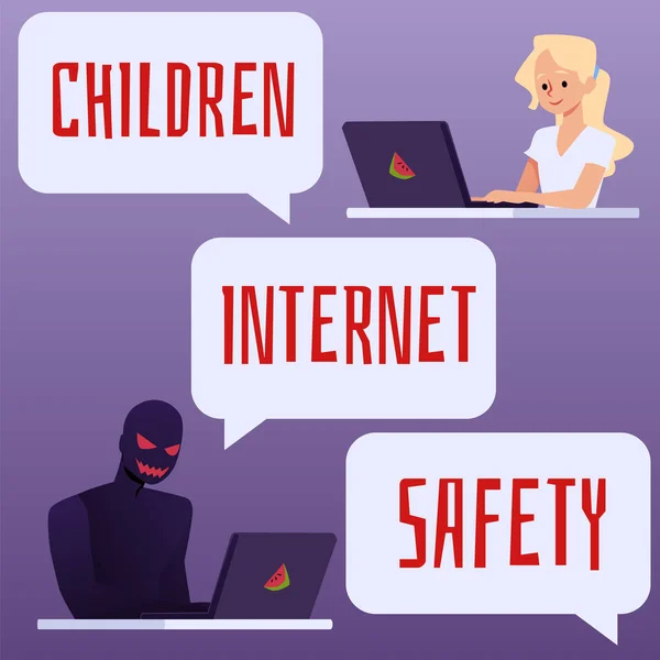 Crianças Internet Conceito Segurança Ilustração Vetorial Plana Menina Comunicando Com — Vetor de Stock