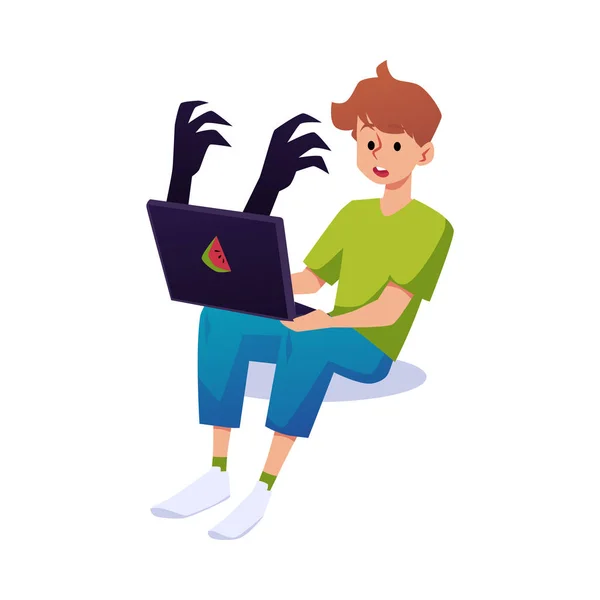 Przerażony Chłopiec Trzyma Laptopa Rozgniewanymi Rękami Wystającymi Ekranu Płaska Ilustracja — Wektor stockowy