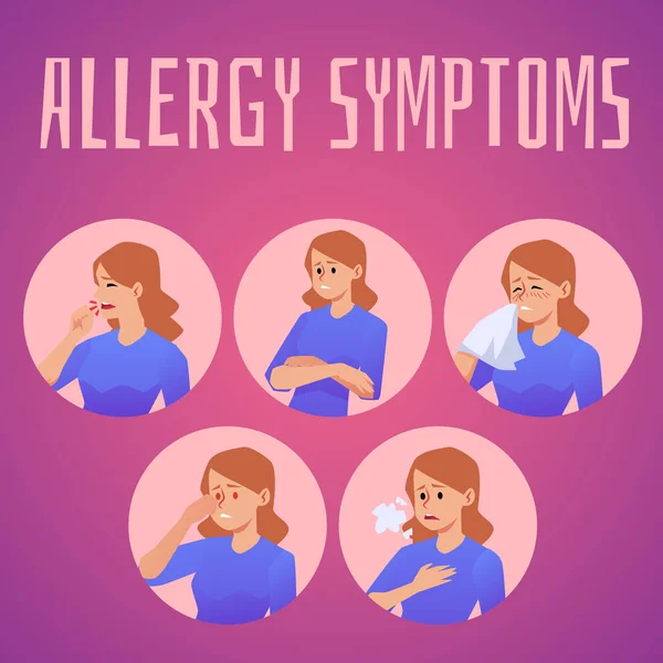 Kwadratowy Baner Objawach Alergii Płaski Styl Ilustracja Wektor Izolowane Różowym — Wektor stockowy