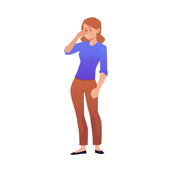 Triste Femme Aux Yeux Rouges Symptôme Allergie Style Plat Illustration — Image vectorielle