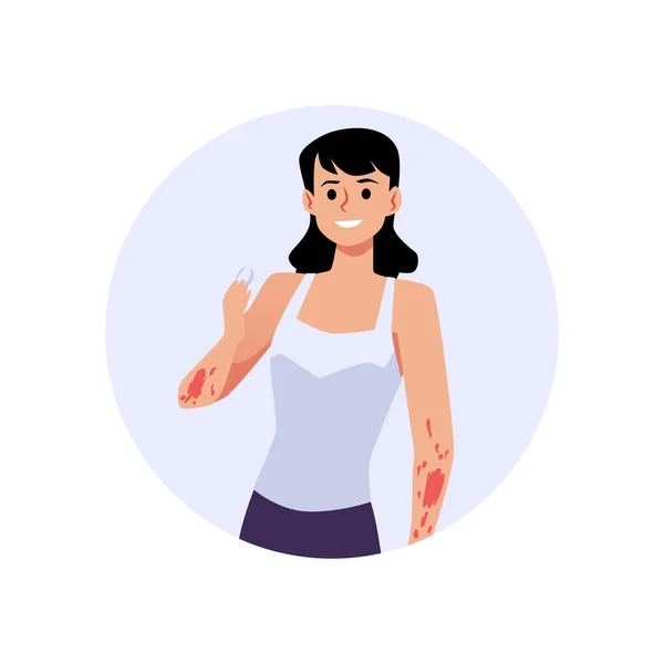 Vrouw Met Atopische Dermatitis Holding Tablet Voor Behandeling Platte Stijl — Stockvector