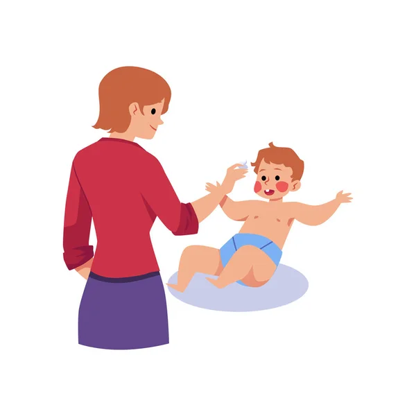有红颊和特异性皮炎的婴儿 白色背景上有扁平的载体图解 母亲在孩子脸上涂药膏治疗湿疹 — 图库矢量图片