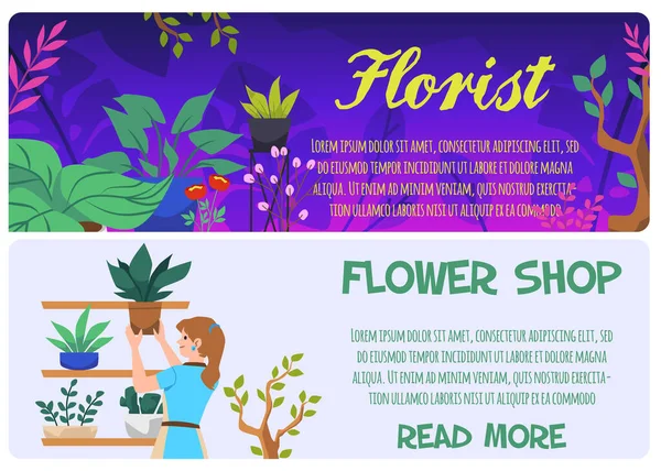 Conjunto Plantillas Banner Sitio Web Sobre Floristería Estilo Plano Ilustración — Vector de stock