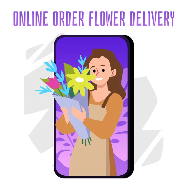 화면에 모양의 부케를 여자가 배경에 Online Order Flower Deliver Happy — 스톡 벡터