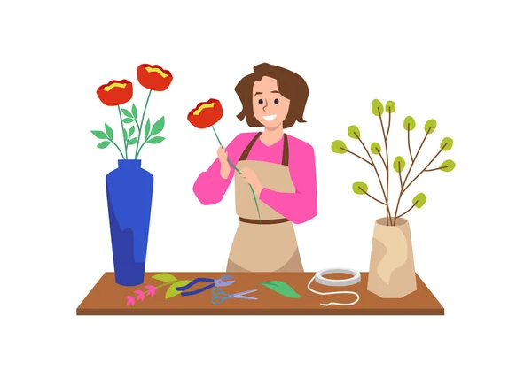 Szczęśliwa Kobieta Organizując Kwiaty Kwiaciarnia Pracy Płaski Wektor Ilustracji Izolowane — Wektor stockowy