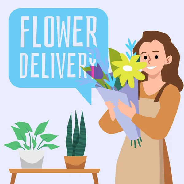 Werbeplakat Für Blumenversand Flache Vektorillustration Glückliche Floristin Mit Schönem Blumenstrauß — Stockvektor