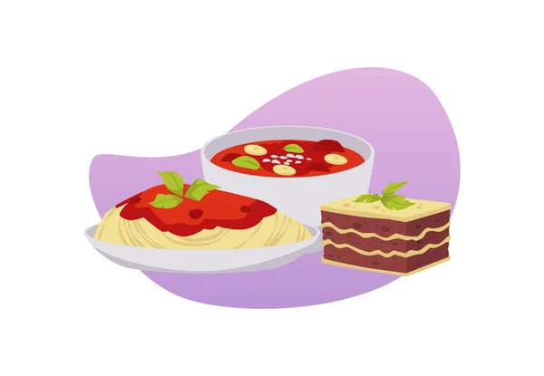 Ζυμαρικά Minestrone Και Tiramisu Ιταλική Τροφίμων Επίπεδη Στυλ Διανυσματική Απεικόνιση — Διανυσματικό Αρχείο