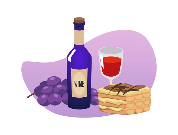 Італійський Склад Їжі Червоне Вино Виноград Тірамісу Торт Плоска Векторна — стоковий вектор