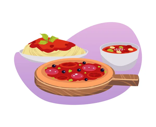 Pizza Pasta Und Minestrone Italienisches Essen Flachen Stil Vektorillustration Isoliert — Stockvektor