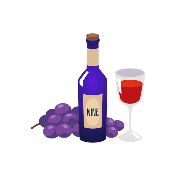 Blue Bottle Wine Grapes Flat Style Vector Illustration Isolated White — Stock Vector
