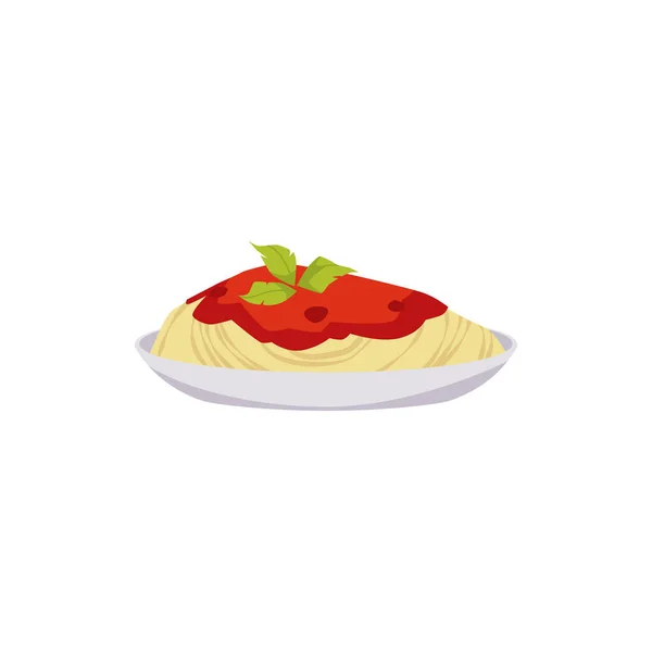 Spaghetti Pasta Tomato Soup Fresh Basil Leaves Flat Vector Illustration — Stock Vector