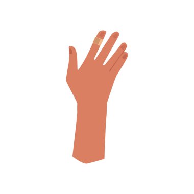 Parmak izi şeklinde bej alçılı insan eli, beyaz arka planda izole edilmiş vektör çizimi. İlk yardım, küçük yaraların kapatılması ve korunması, tasarım unsuru