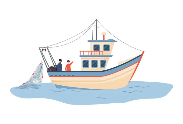 漁船や船の海では フラットベクトルイラストの白い背景に隔離された 漁業用船舶又は商業漁業用紋章デザイン要素 — ストックベクタ