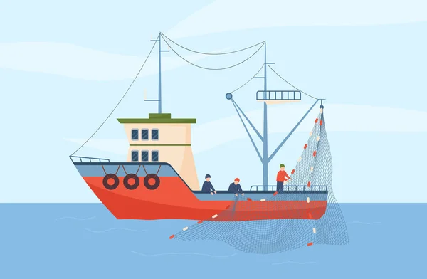 Fishing Trawler Large Equipped Ship Fishing Fish Seafood Flat Vector — Stock Vector