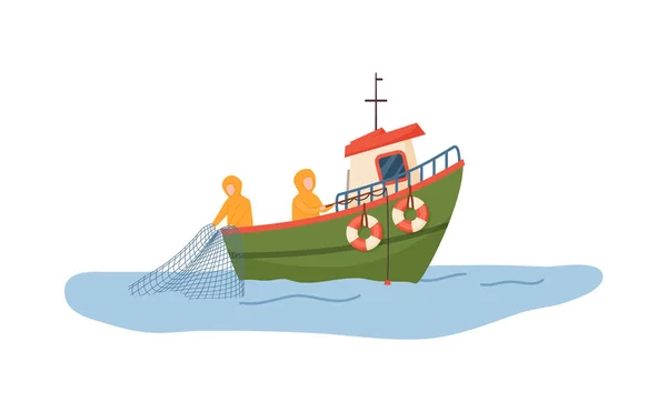Αλιείς Στη Θάλασσα Πιάνουν Ψάρια Δίχτυα Από Μια Βάρκα Επίπεδη — Διανυσματικό Αρχείο