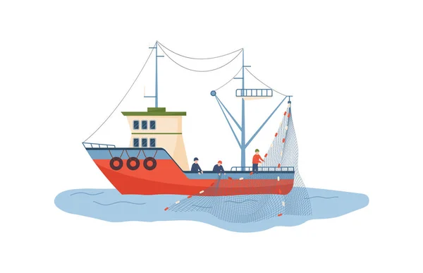 それに取り組んで漁師と大型漁船 白い背景に隔離された平坦な漫画のベクトルイラスト 魚や魚介類の釣りのバナーや紋章 — ストックベクタ