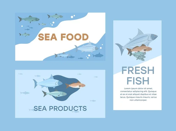 Menü Tabelalar Için Balık Deniz Ürünleri Afişleri Veya Kart Koleksiyonu — Stok Vektör