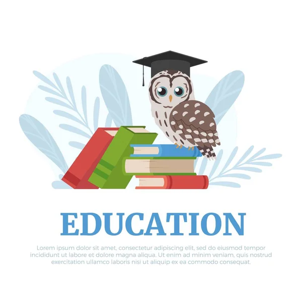 Education Banner Card Backdrop Owl Sitting Books Flat Vector Illustration — Stock Vector