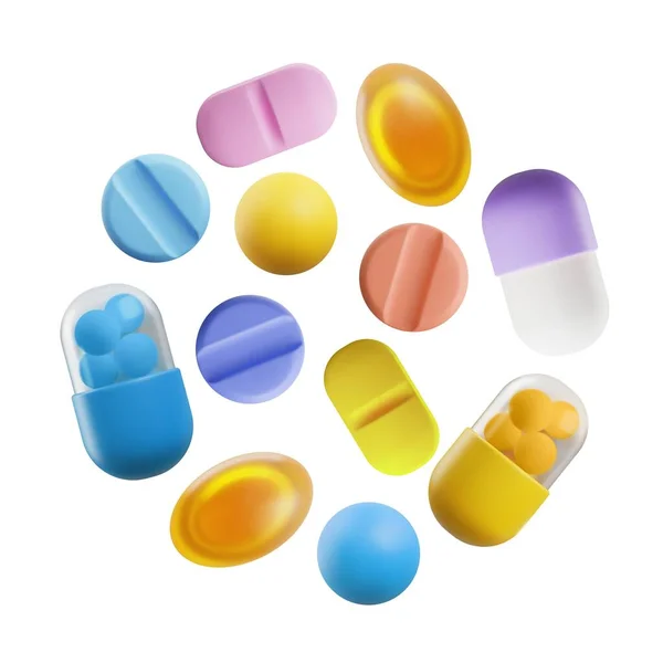 Διαφορετικά Χάπια Και Κάψουλες Ρεαλιστική Απεικόνιση Διάνυσμα Απομονώνονται Λευκό Φόντο — Διανυσματικό Αρχείο