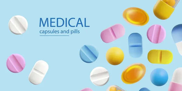 药用胶囊和药丸横幅模板网站 现实的蓝色载体图解 医药制剂和营养补充剂横幅 — 图库矢量图片