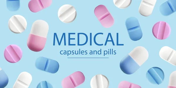 Banner Πολύχρωμες Ιατρικές Κάψουλες Και Χάπια Στυλ Διανυσματική Απεικόνιση Μπλε — Διανυσματικό Αρχείο
