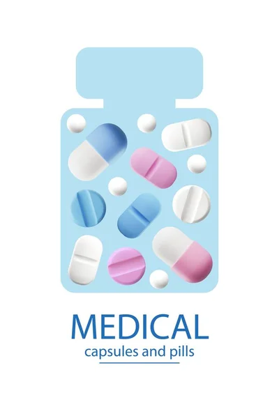 现实的医疗胶囊和药丸 罐子轮廓3D风格 矢量插图孤立的白色背景 粉红色 蓝白相间的药片和胶囊 保健和治疗 — 图库矢量图片