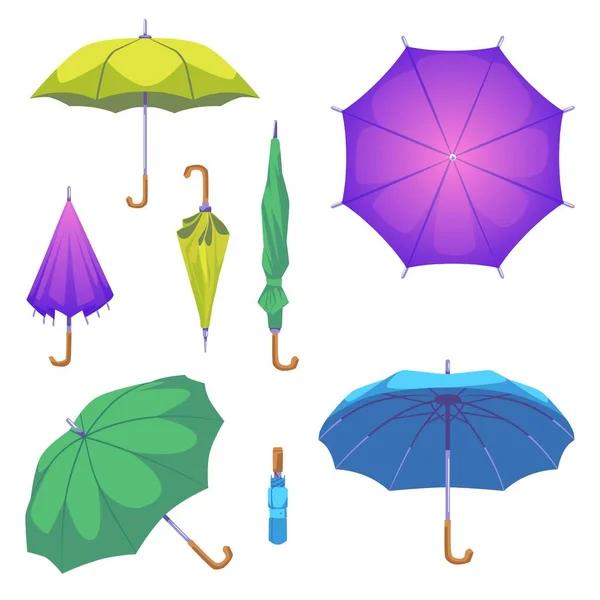 様々な傘セット 白い背景に隔離されたフラットベクトルイラスト 傘やパラソルを開閉し 折り畳む 秋の概念 — ストックベクタ