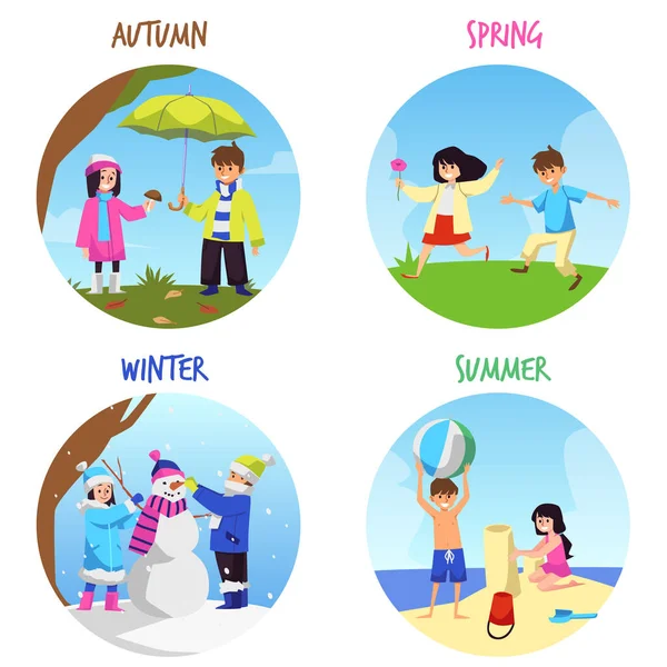 一组儿童四季扁平风格 矢量图解在白色背景上孤立 孩子们在冬天 夏天和秋天的娱乐活动 设计元素 — 图库矢量图片