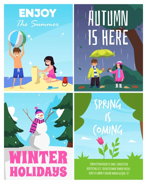 Четыре Сезона Баннеры Карты Детьми Играющими Открытом Воздухе Разную Погоду — стоковый вектор
