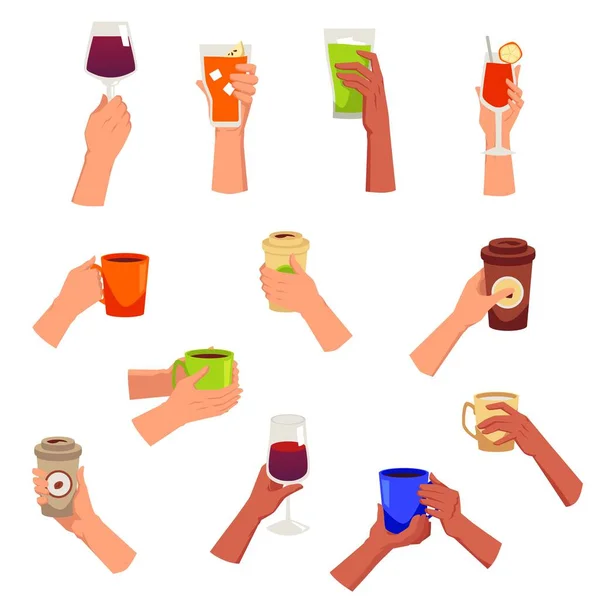 Mani Con Diverse Bevande Calde Alcoliche Rinfrescanti Illustrazione Vettoriale Piatta — Vettoriale Stock
