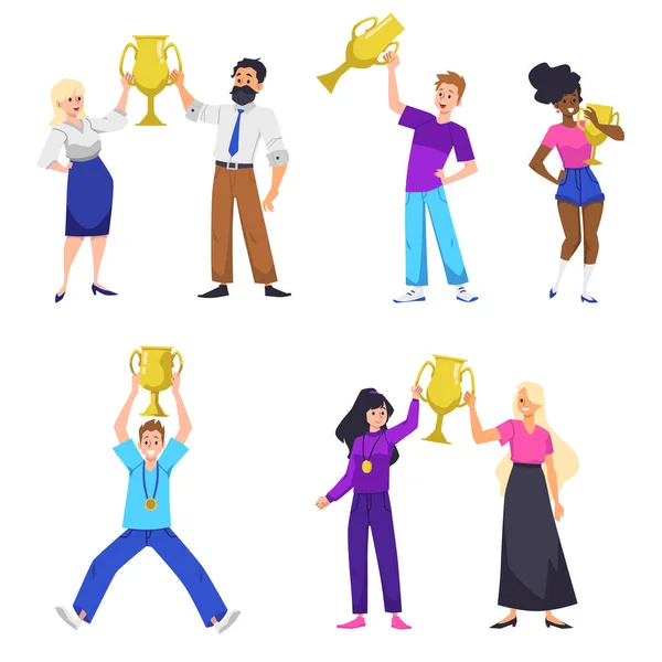 漫画の様々な文字のトロフィーカップセットを持つ人々は 白い背景に隔離されたフラットベクトルイラスト 金杯賞の受賞者とチャンピオン — ストックベクタ