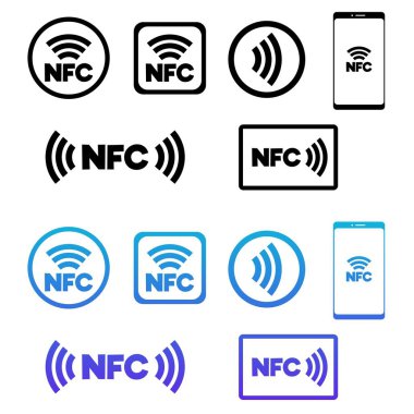 Wireless NFC technology icons and symbols bundle, line vector illustration isolated on white background. Payment by credit card or money wallet with NFC devices. clipart