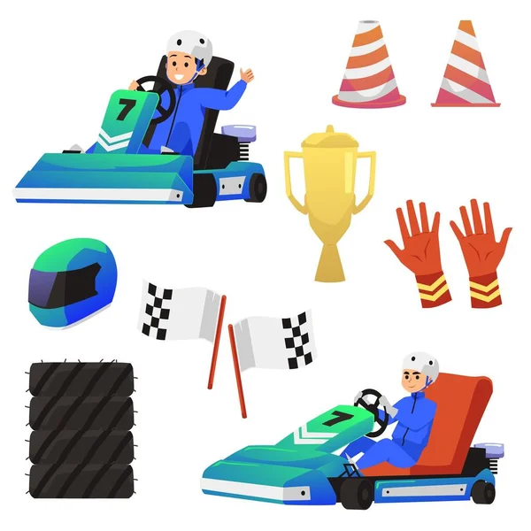 Collection Icônes Symboles Course Karting Vitesse Illustration Vectorielle Dessin Animé — Image vectorielle