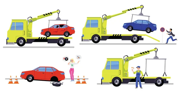 Set Towing Trucks Flat Style Vector Illustration Isolated White Background — Stock Vector