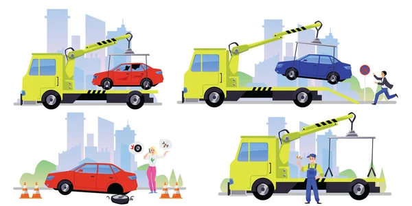 Camion Remorqueur Déplaçant Voiture Après Accident Voiture Mal Garée Illustration — Image vectorielle