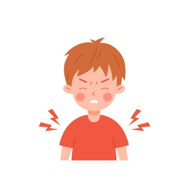 Kırmızı tişörtlü üzgün bir çocuk. Beyaz arka planda izole edilmiş vektör illüstrasyonuyla kas ağrısı çekiyor. Grip belirtileri, hastalıklı çocuk, hasta ve hastalık