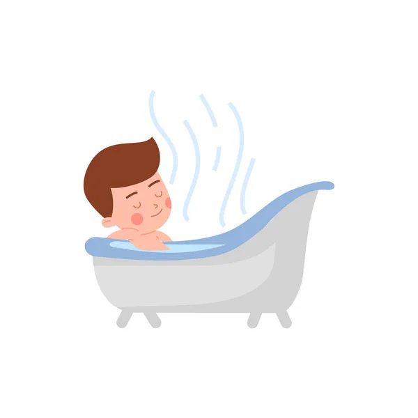 Happy Little Boy Takes Bath Himself Flat Vector Illustration Isolated — Stock Vector