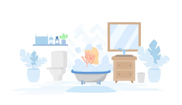 Bathroom Interior Design Baby Girl Washing Bath Flat Cartoon Vector — Stock Vector