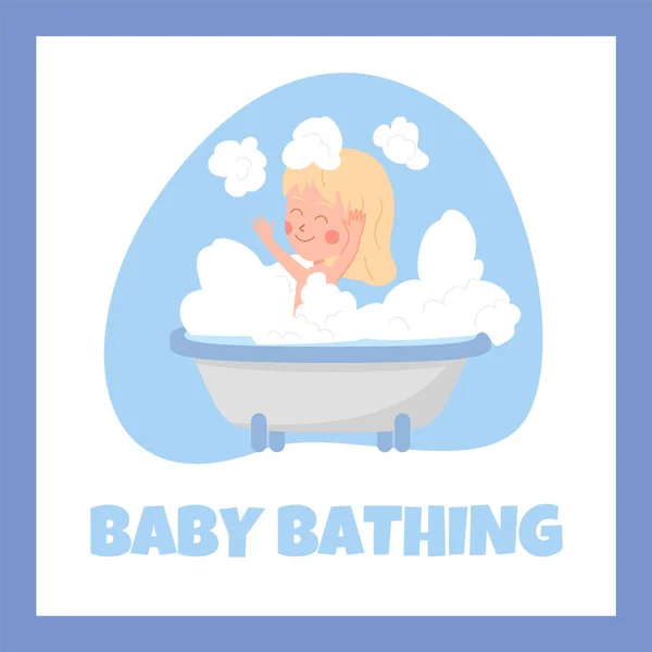 赤ん坊の入浴フラットスタイル 青い背景に隔離されたベクトルイラストについての正方形のバナー 泡で遊んで幸せな子供の女の子 バス子 装飾的なデザイン — ストックベクタ