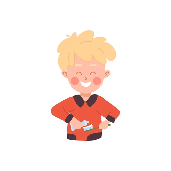 Ευτυχισμένο Αγόρι Βούρτσισμα Των Δοντιών Κινούμενα Σχέδια Επίπεδη Διανυσματική Απεικόνιση — Διανυσματικό Αρχείο